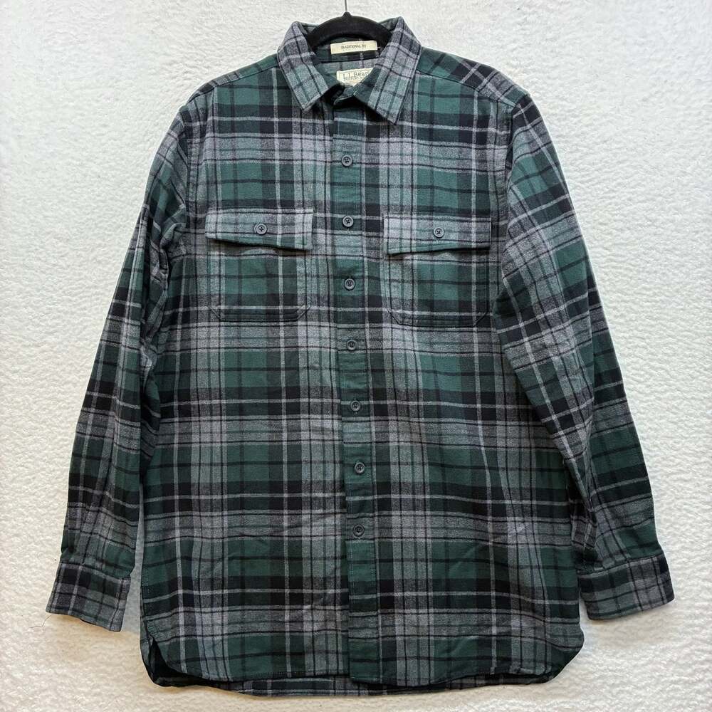 LL Bean Shirt Mens Medium Tall Green Plaid Chamois Flannel Button Down Outdoor
